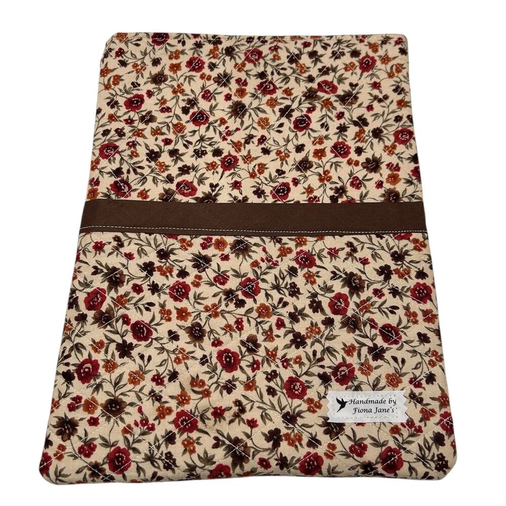 Handmade Quilted iPad Large Book Sleeve Front Pocket NEW 12"x9" Brown Red Floral